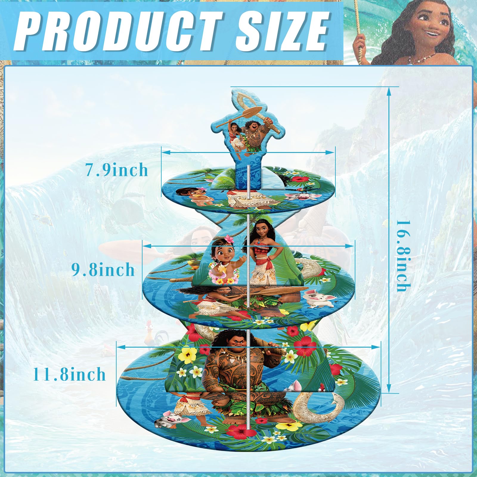 3 Tier Moana Themed Birthday Cupcake Stand - Sturdy Paper Party Decor for Boys & Girls Birthday, Baby Shower & Wedding Celebrations - Perfect for Dessert Displays & Party Centerpieces