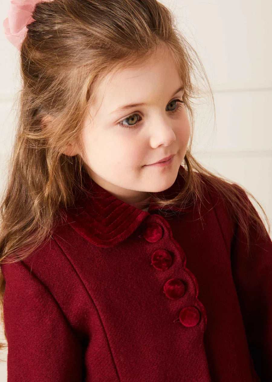 Burgundy Single Breasted Scallop Detail Coat for Kids (12 Months to 10 Years) - Perfect for School, Parties, and Special Occasions