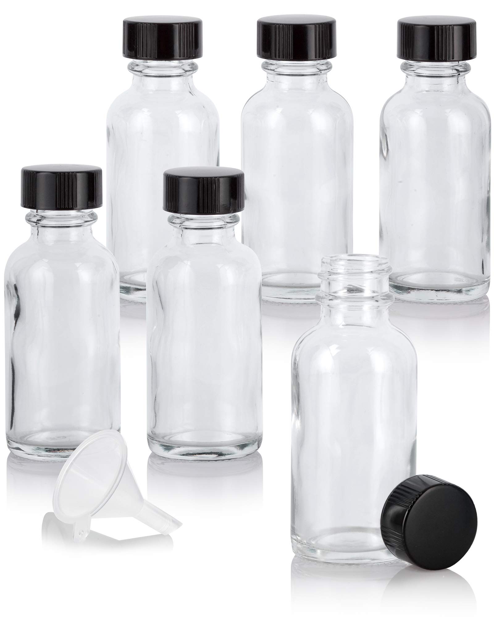JUVITUS 1 oz / 30 ml Clear Glass Boston Round Bottle with Airtight Phenolic Cap (6 Pack) + Funnel - Perfect for Essential Oils, DIY Beauty Products, and Travel-Sized Liquids