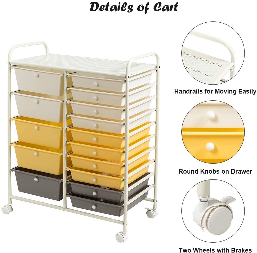 15-Tier Rolling Drawer Storage Cart with 4 Wheels - Moccha Organizer for Cosmetics, Office Supplies & Files - Perfect for Home, Studio & Office Organization (Yellow)