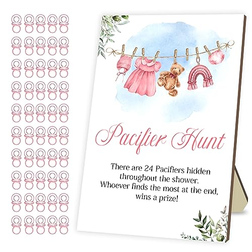 50 Pink Acrylic Pacifiers for Baby Shower Games - Pacifier Hunt & Gender Reveal Party Game Set with Wooden Sign & Drying Rack Design | Perfect for Baby Shower Activities, Nursery Decor & Fun Party Entertainment