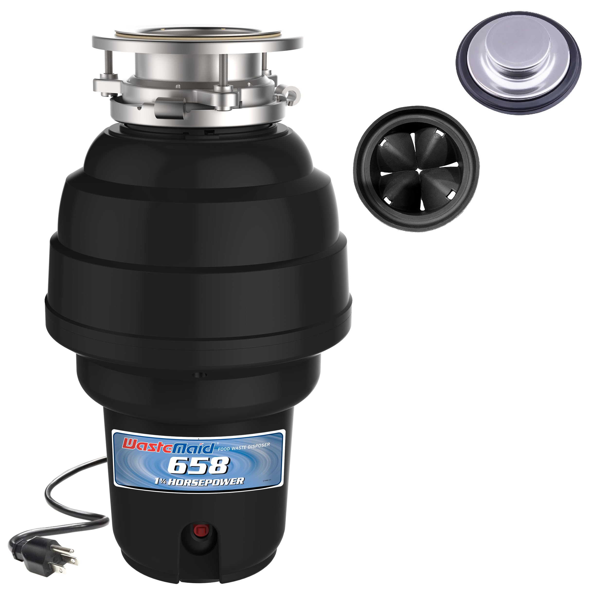 Premium 1-1/4 HP Stainless Steel Garbage Disposal System - Waste Maid WM-658-3B Anti-Jam Food Waste Grinder (Black) for Kitchen Sink Waste Management | Perfect for Home, Restaurant & Commercial Use