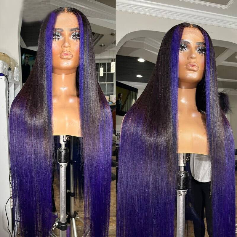 Eullair 13x4 Lace Front Wig - Colored Skunk Stripe Ombre Body Wave Human Hair (Perfect for Cosplay, Halloween & Daily Fashion)