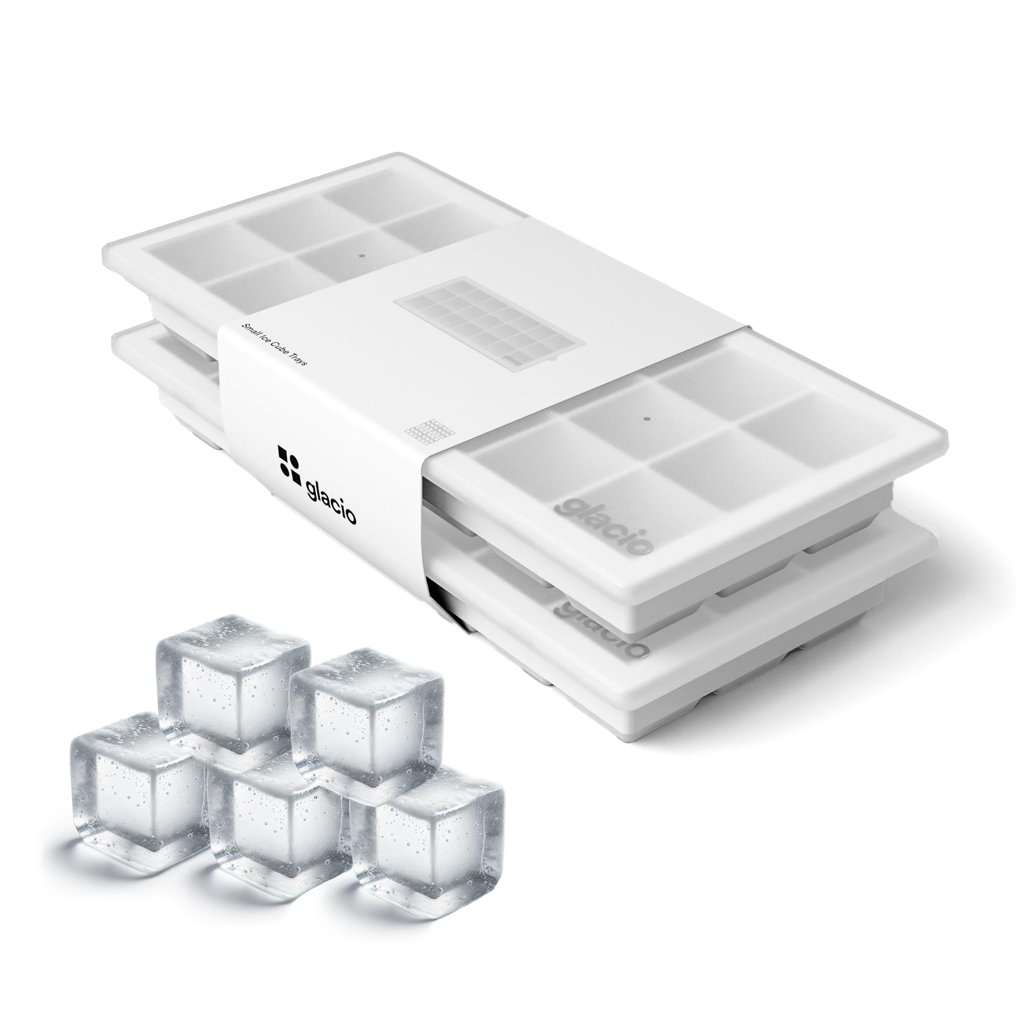 Glacio Small Ice Cube Silicone Trays with Lids - Set of 2 Flexible Covered Ice Molds for Cocktails, Whiskey, Iced Coffee & Party Drinks - BPA Free & Easy Release Ice Cube Maker for Home & Bar Use