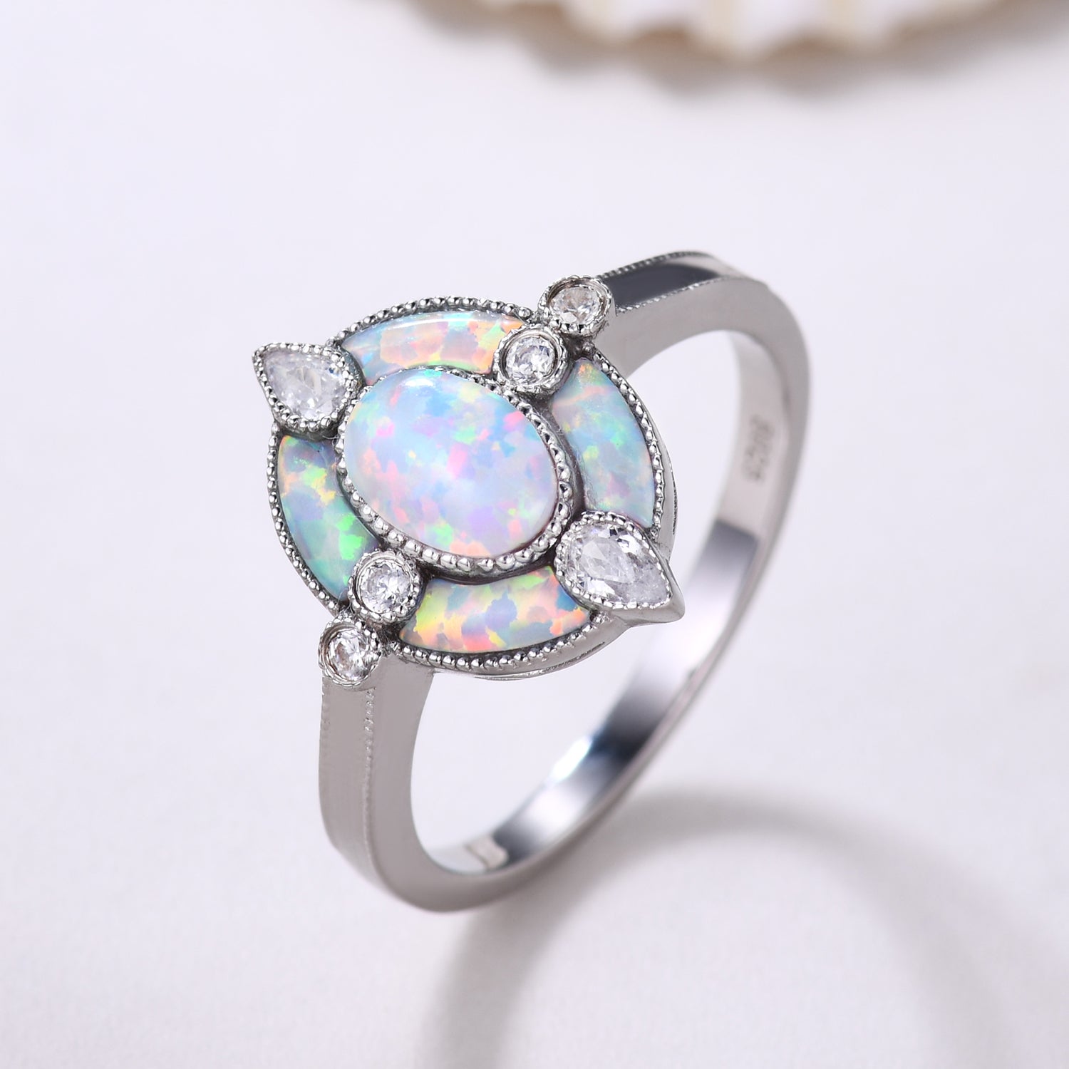 Antique White Opal Halo Engagement Ring - Vintage Oval Cut Cocktail Ring with October Birthstone - Perfect for Proposals, Anniversaries & Special Occasions