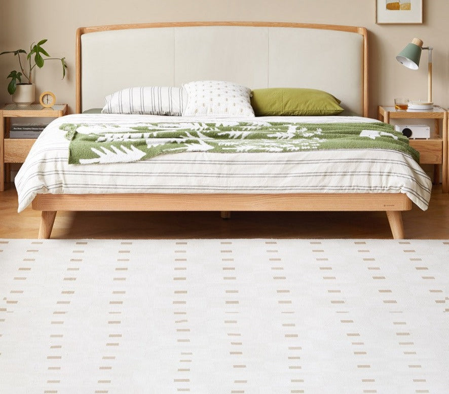 Premium Solid Oak Wood Bed Frame with Genuine Leather Headboard & Tech Fabric Upholstery - Modern Bedroom Furniture for Master Suite, Guest Room, or Apartment