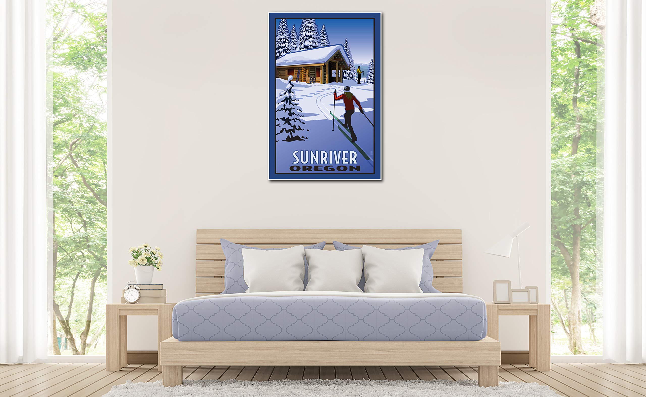 Paul Leighton Sunriver Oregon Cross Country Skiers & Cabin Giclee Art Print - 30x45 Inch Travel Artwork Poster for Home & Office Decor | Perfect for Ski Lodge, Cabin, or Winter-Themed Interior Design