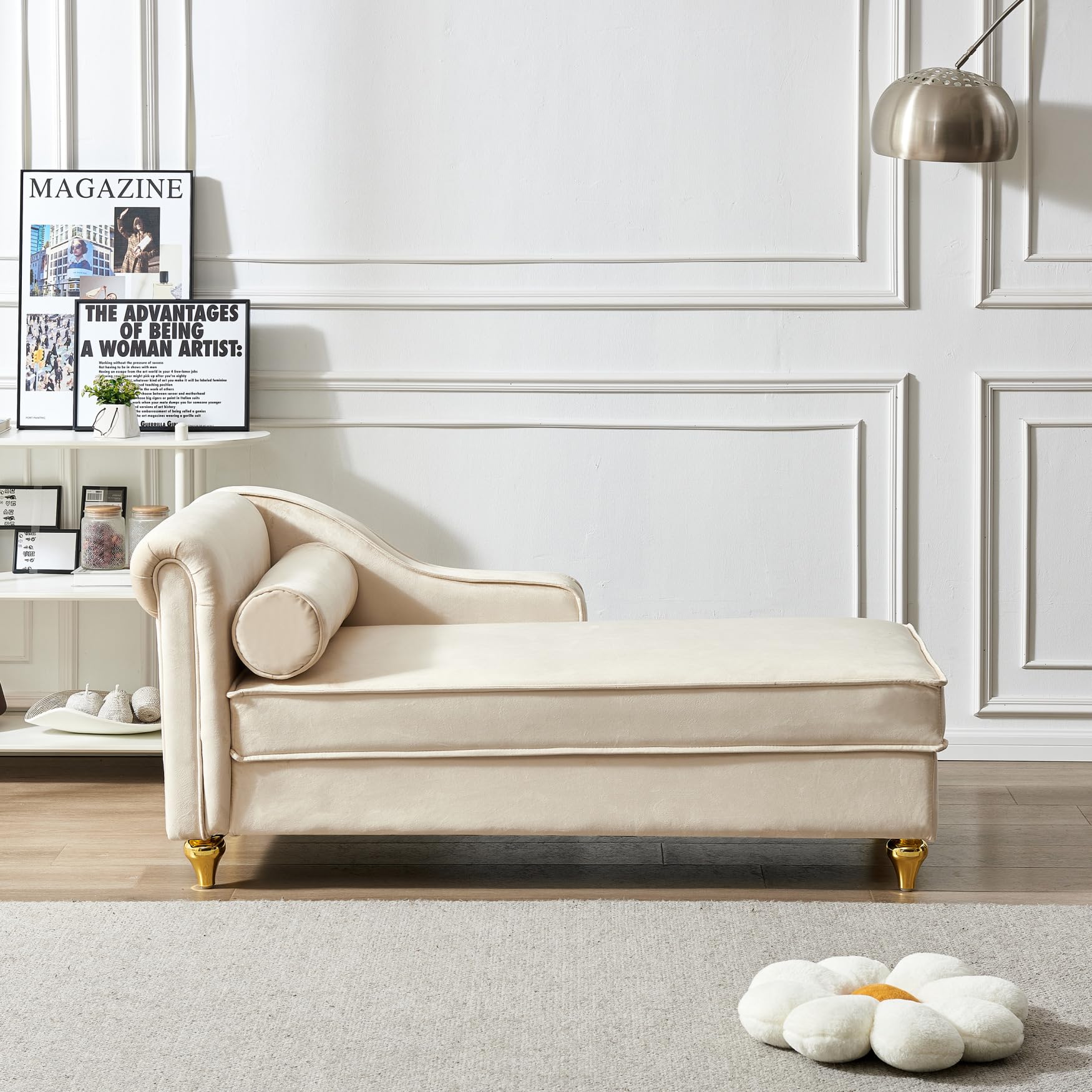 Modern Velvet Upholstered Chaise Lounge Chair with Storage & Bolster Pillow - Retro Metal Legs Sleeper Sofa Recliner for Bedroom, Office & Living Room - Beige | Cozy Reading Nook, Guest Bed & Relaxation Spot