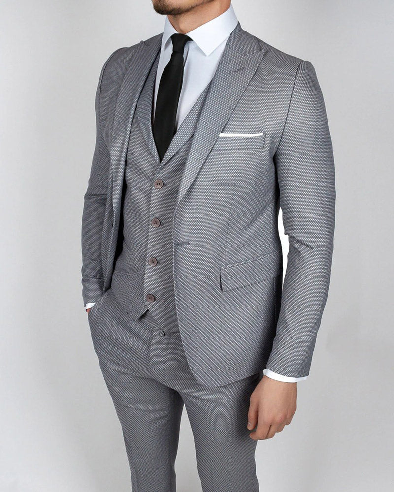 Premium Slim Fit Peak Lapel 3-Piece Gray Wool Suit for Men - Formal Business Attire (Jacket + Vest + Pants) | Perfect for Weddings, Office Meetings & Special Occasions
