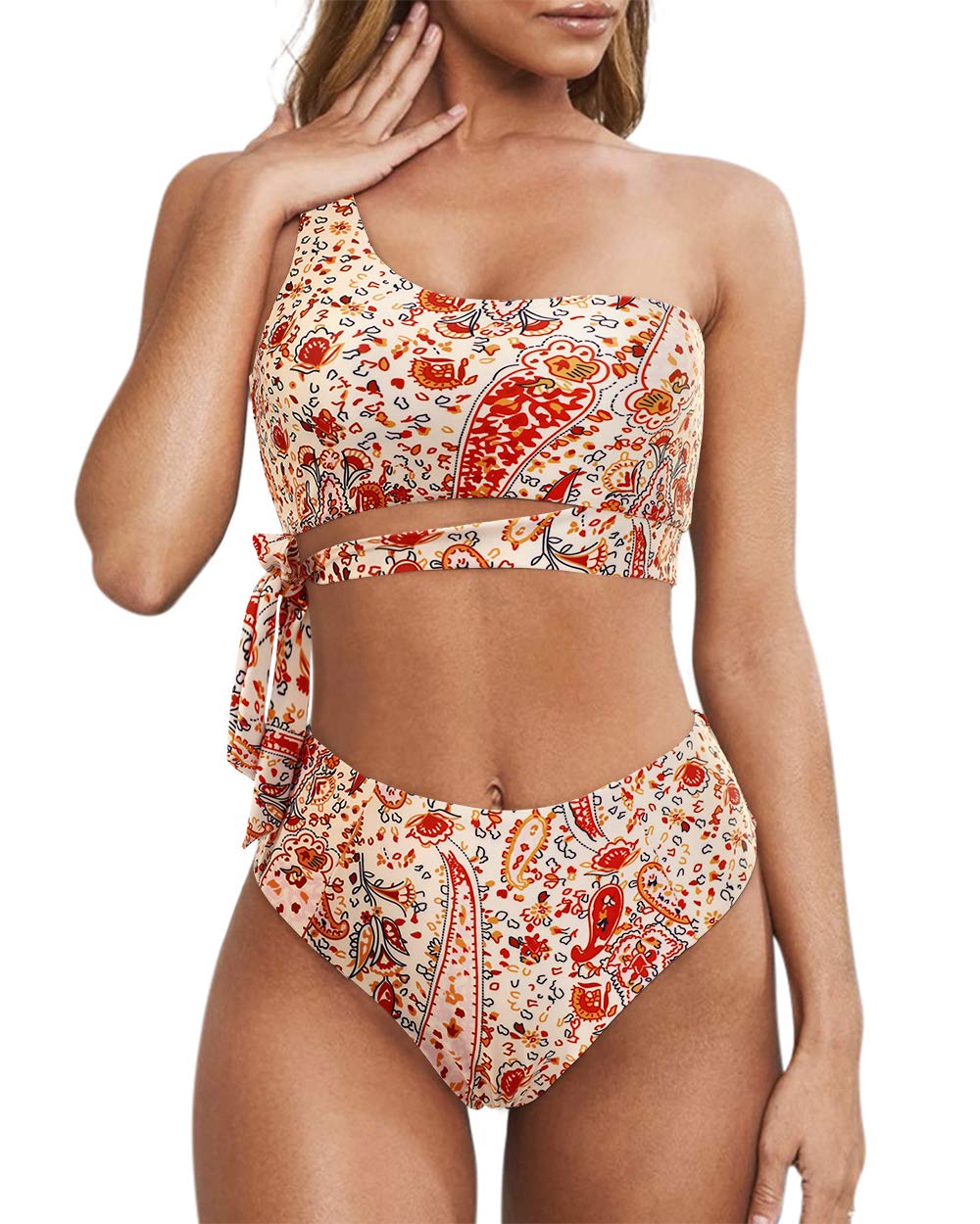 MOOSLOVER Women's Sexy One Shoulder High Waisted Bikini Set - Tie Side High Cut Two Piece Swimsuit for Beach, Pool Party & Summer Vacation