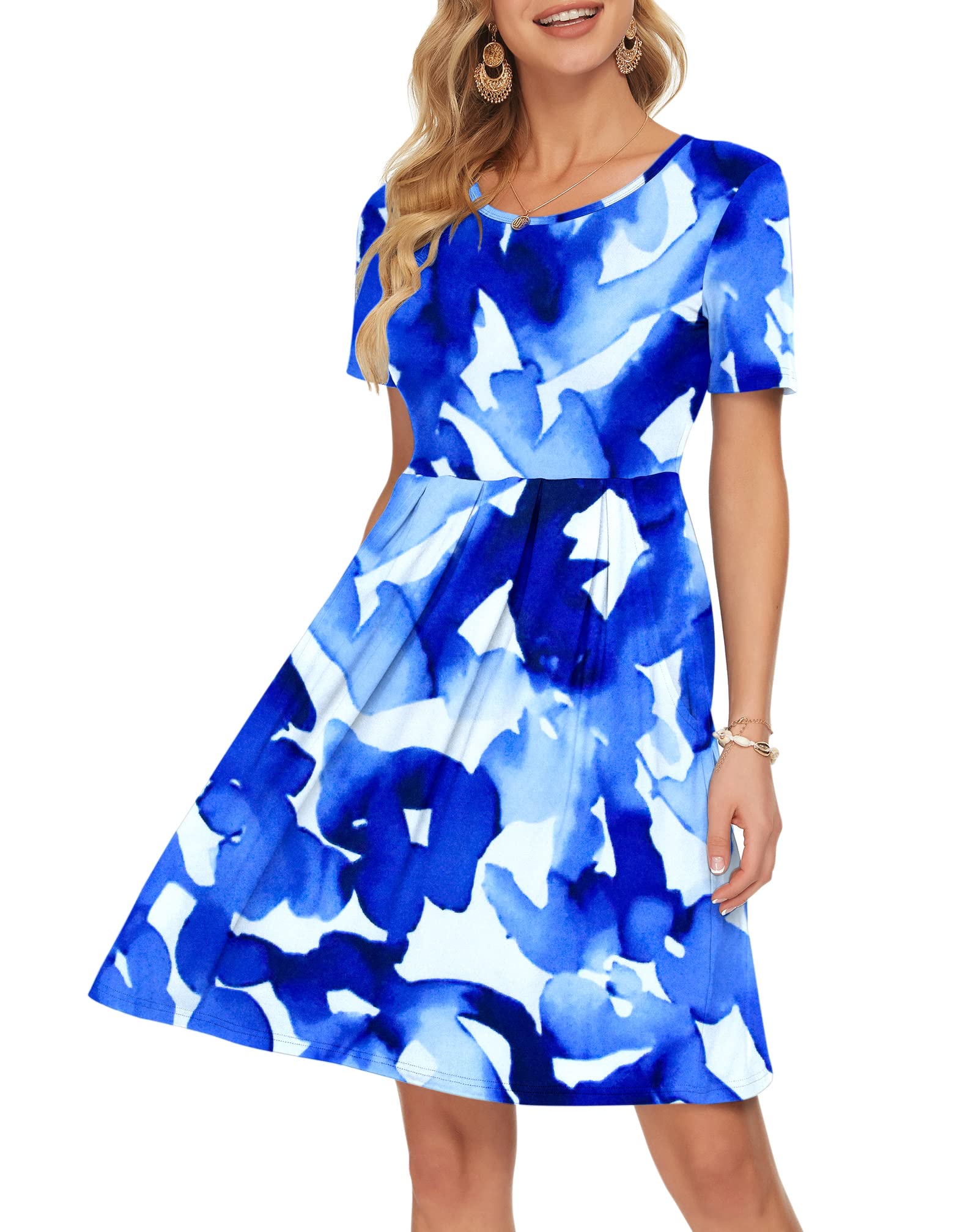 AUSELILY Women's Summer Short Sleeve Pleated Swing Dress - Loose Fit Knee-Length Dress with Pockets | Casual Wear, Beach Vacation, Office Outfit (2025 New Collection)