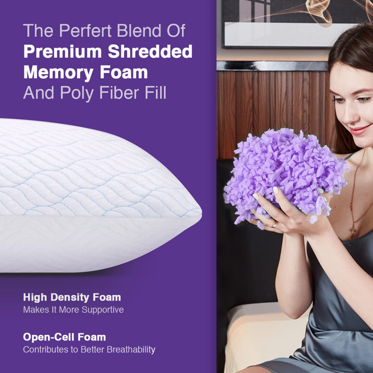 Cooling Shredded Memory Foam Pillow Set of 2 - Adjustable Firmness for Side, Back & Stomach Sleepers - Standard Size 20x26 Inches with Zipper Cover - Breathable & Pressure Relief for Hot Sleepers - Perfect for Night Sweat Relief & Neck Pain Support