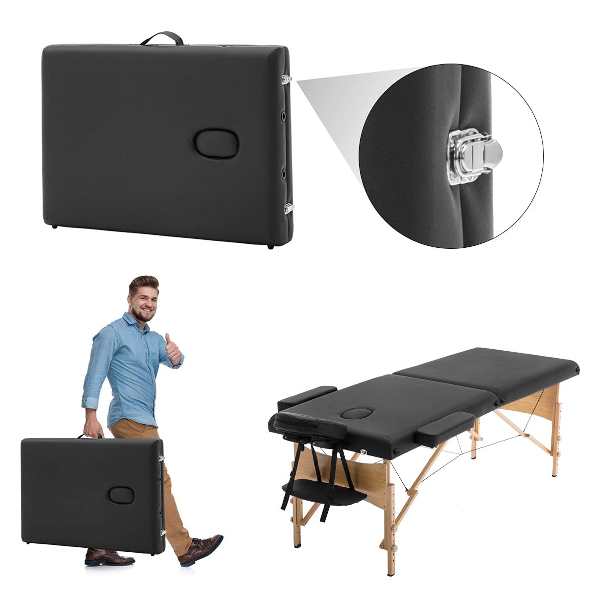 Professional Portable Massage Table - Adjustable Height 2-Folding Massage Bed with Carrying Case for Spa, Beauty Salon, Facial & Tattoo (84 Inch, Black) - Perfect for Home Use, Mobile Therapists & Professional Clinics