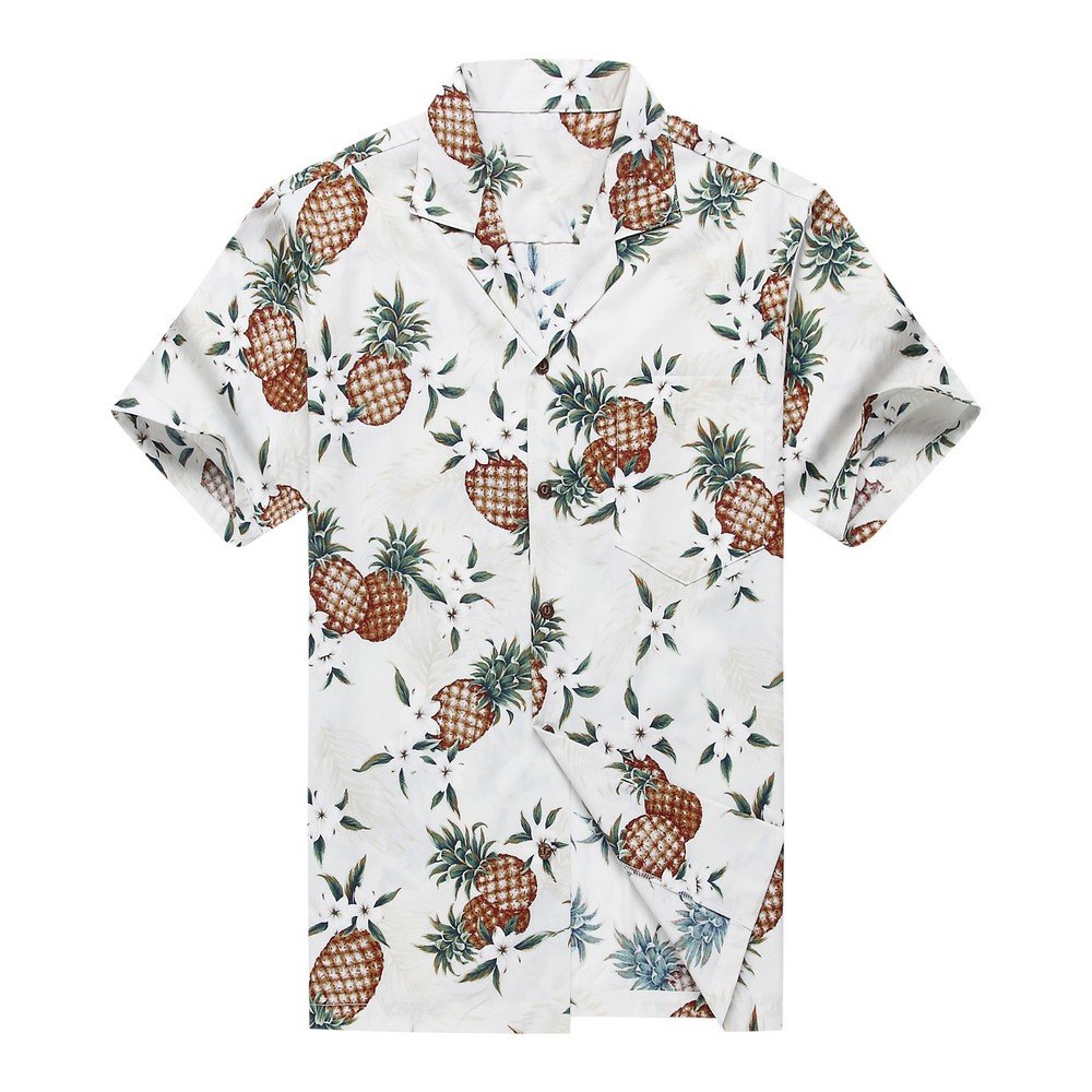 Hawaiian Shirt for Men - Made in Hawaii - Aloha Shirt with Golden Pineapple Print on White - Perfect for Beach Vacation, Summer Party & Tropical Getaway