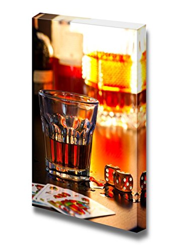 Modern Whiskey Still Life Canvas Print - Glass with Dice & Playing Cards | Stretched Gallery Wrap Giclee Wall Art - 48x32 Inch Ready to Hang | Perfect for Home Bar, Game Room & Man Cave Decor