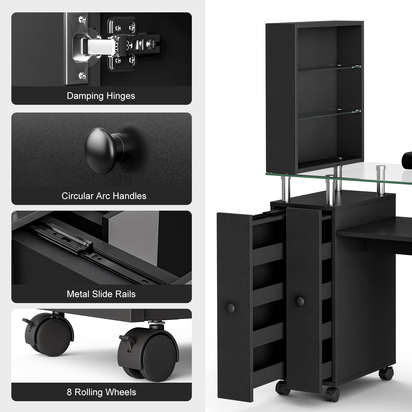 Professional Manicure Table with Tempered Glass Top - Acrylic Nail Tech Station with Storage Drawers, Open Shelves & Wrist Rest | Mobile Beauty Salon Furniture with Locking Wheels for Nail Artists & Home Use (Black) - Perfect for Nail Salons, Home Studios & Mobile Beauty Services
