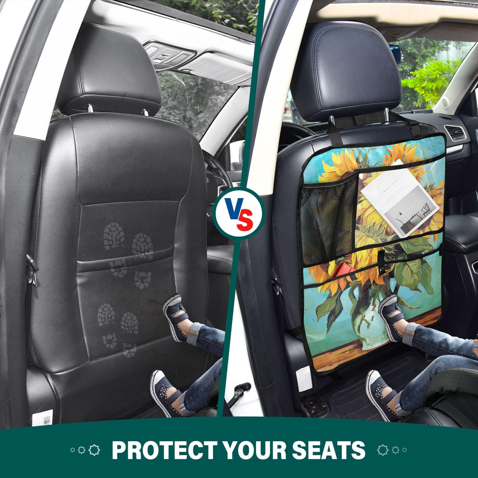 Sunflower Oil Painting Car Seat Protector with Storage Pockets - Waterproof Back Seat Kick Mats & Vehicle Organizer for Cars, SUVs, Trucks - Perfect for Family Road Trips & Pet Protection