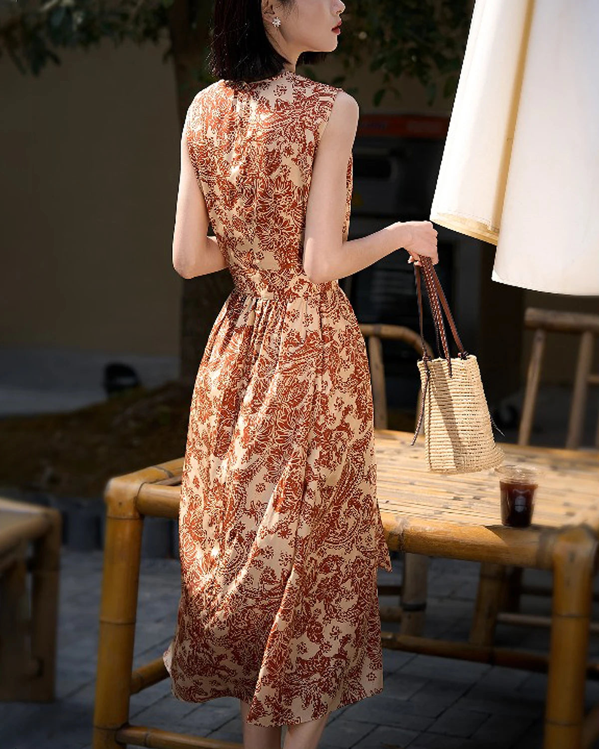 Elegant Terracotta Paisley Print Silk Dress for Women | Boho Chic Summer Maxi Dress | Perfect for Beach Vacations, Date Nights & Special Occasions