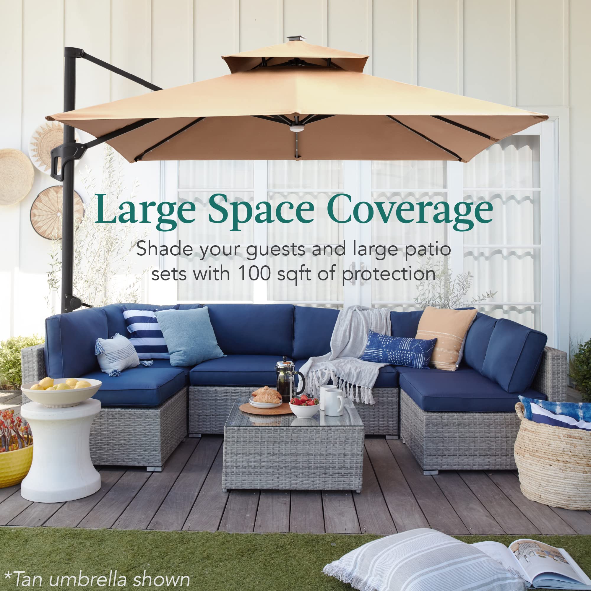 Best Choice Products 10x10ft Cantilever Patio Umbrella with Base - Solar LED Lights, 360° Rotation, Large Offset Outdoor Shade for Deck, Pool, Backyard - Tan - Perfect for Sun Protection & Outdoor Relaxation
