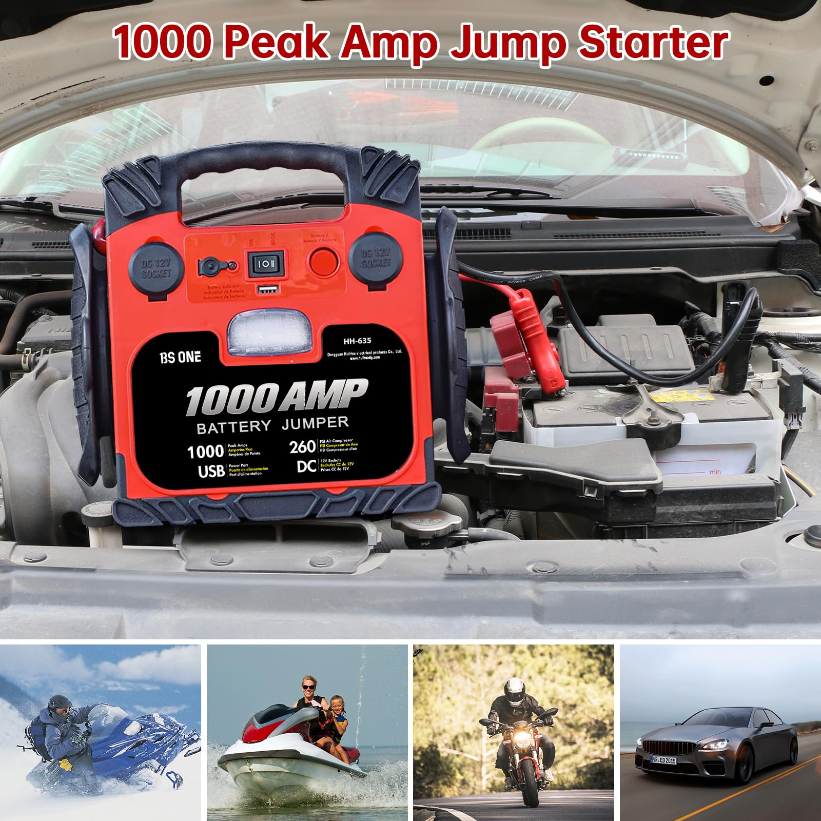 BS ONE 1000A Peak Car Jump Starter with 260PSI Air Compressor - 12V Portable Battery Booster for Dead Lead Acid Batteries, Includes LED Light & USB Output - Ideal for Emergency Roadside Assistance & Camping Power Supply