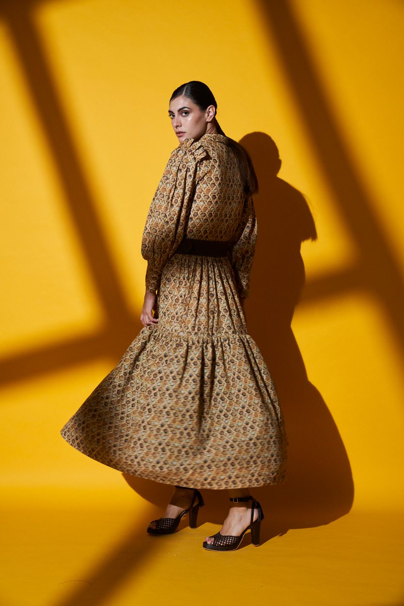 Elegant Brown Bamboo Print Front Open Dress with Poet Sleeves - Boho Chic Flowy Maxi Dress for Beach, Vacation & Summer Outfits