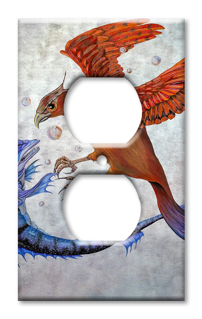 Oversized Art Plates - Jumbo Outlet Cover - Large Switch Plate Cover - Fish vs Phoenix Design - Made in USA - Perfect for Home Decor, Living Room, Bedroom & Office Wall Art