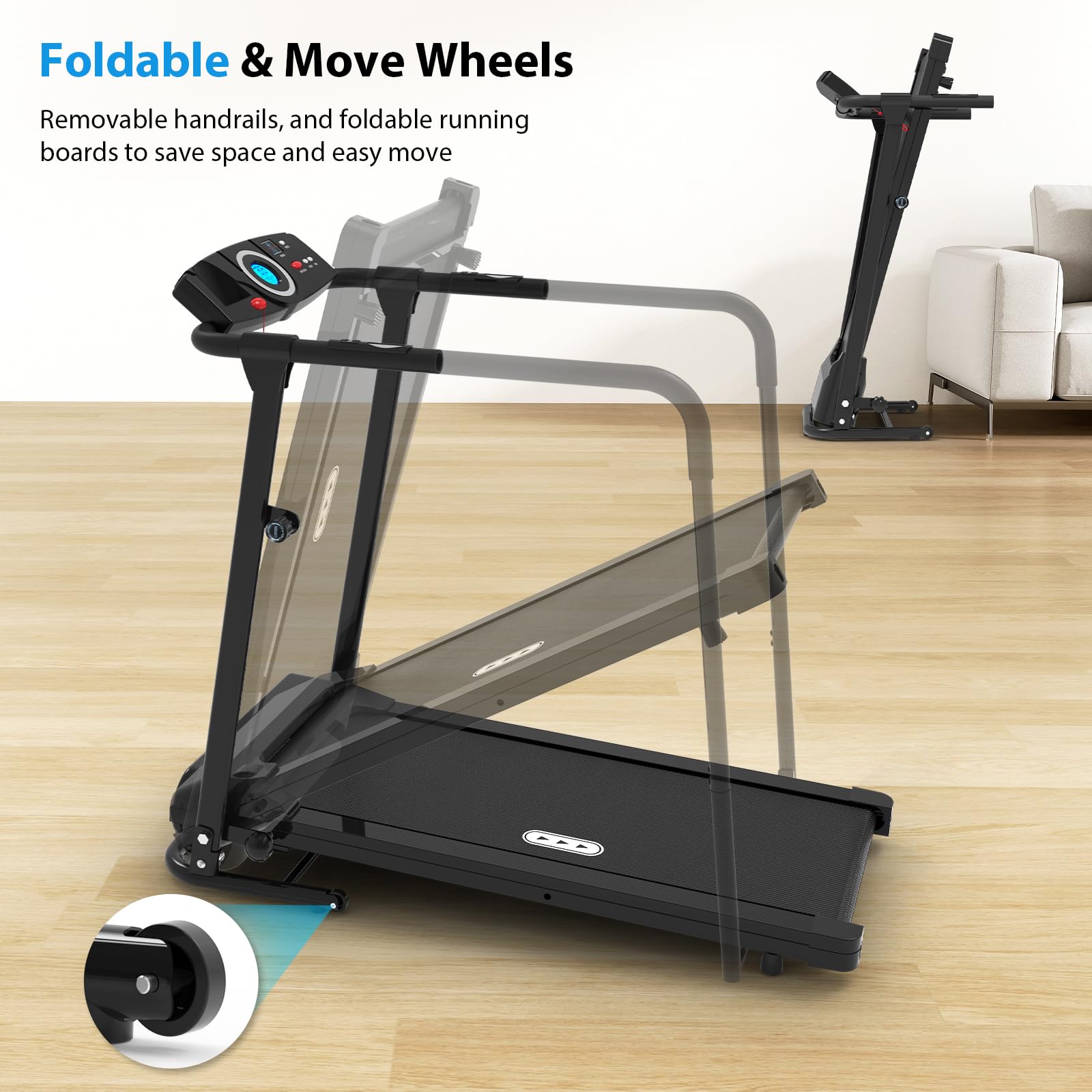 Foldable Walking Treadmill for Seniors - 300 lbs Weight Capacity with Long Safety Handrails & Heart Rate Monitor - Home Fitness Equipment for Elderly Recovery & Low-Impact Exercise - Perfect for Physical Therapy, Rehab & Gentle Cardio Workouts at Home