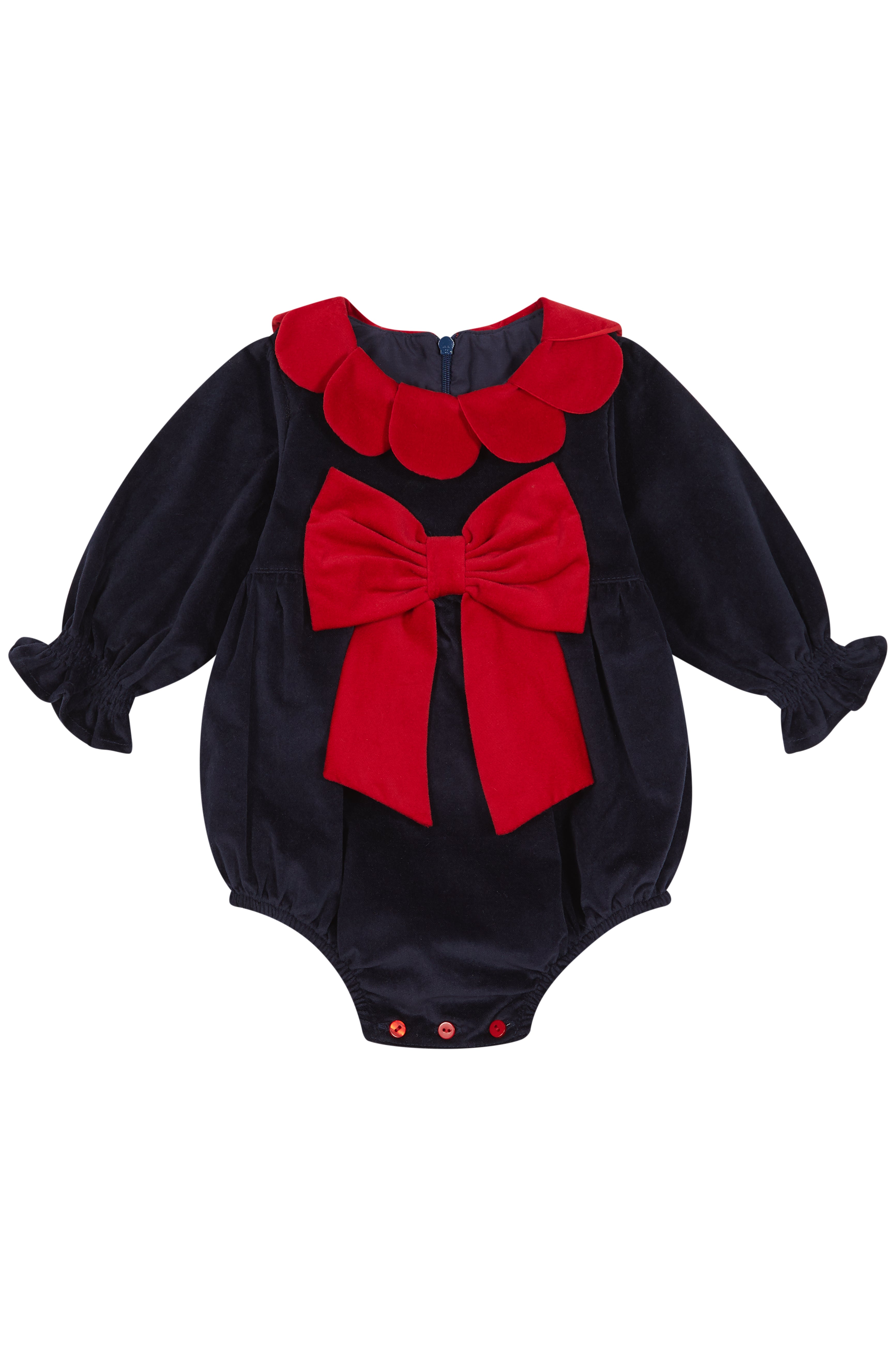 Paityn Navy & Red Velvet Romper for Baby Girls - Soft Cotton Jumpsuit with Snap Buttons - Perfect for Photoshoots, Birthday Parties & Everyday Wear