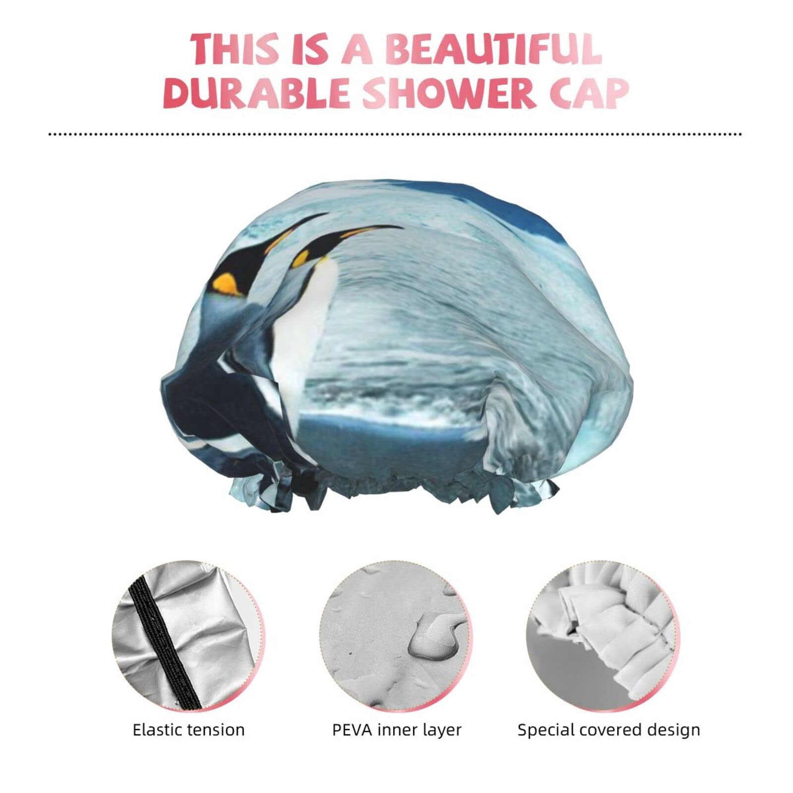 Waterproof Reusable Shower Cap for Women - Cute Penguin Design Bathing Hair Cover - Perfect for Shower, Spa & Swimming (2-Pack)
