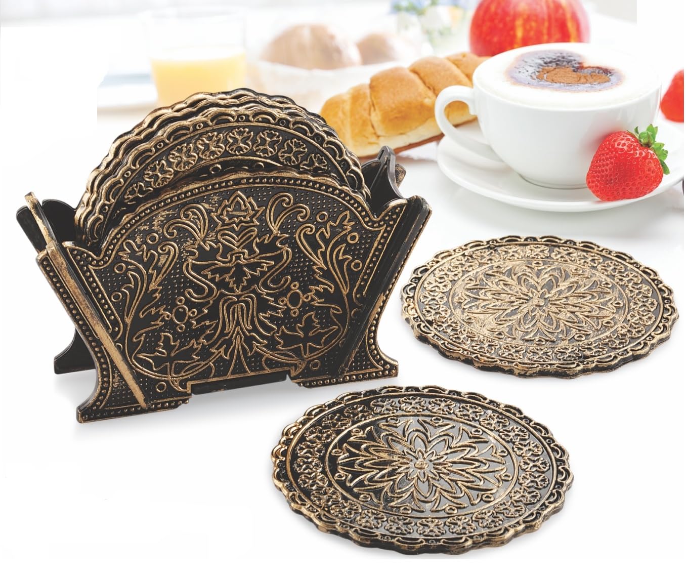 Sunlife Floral Gold Coasters Set of 6 with Stand - Elegant Circular Drink Coasters for Coffee, Tea, Beer, Wine & Water Glasses - Perfect for Home, Office, Bar & Party Decor