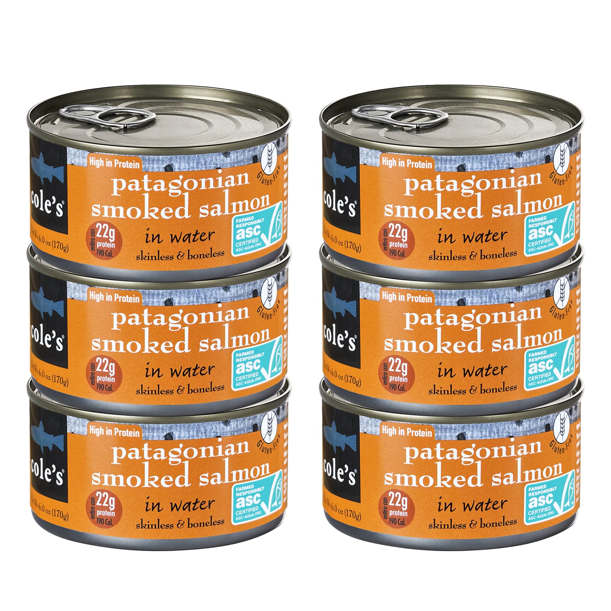 Cole's - Pack of 6 Patagonian Smoked Salmon in Spring Water, Fresh Skinless Boneless Canned Salmon, High Protein Fish (6 oz Each) - Perfect for Salads, Sandwiches & Keto Diet Meals