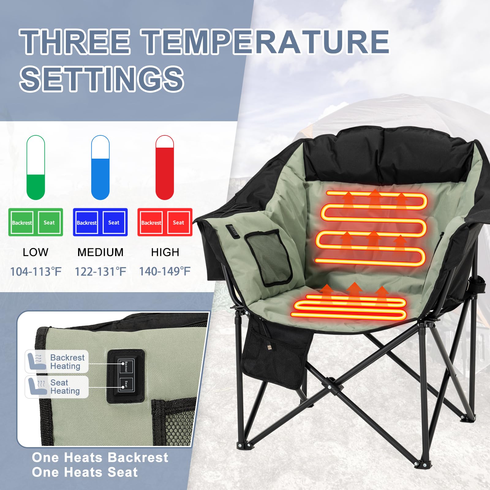 SLSY Oversized Heated Camping Chair - 500 lbs Weight Capacity, Portable Folding Heated Seat for Outdoor Sports, Camping, Picnics & Patio Use - Perfect for Winter Camping, Backyard Relaxation & Cold Weather Activities