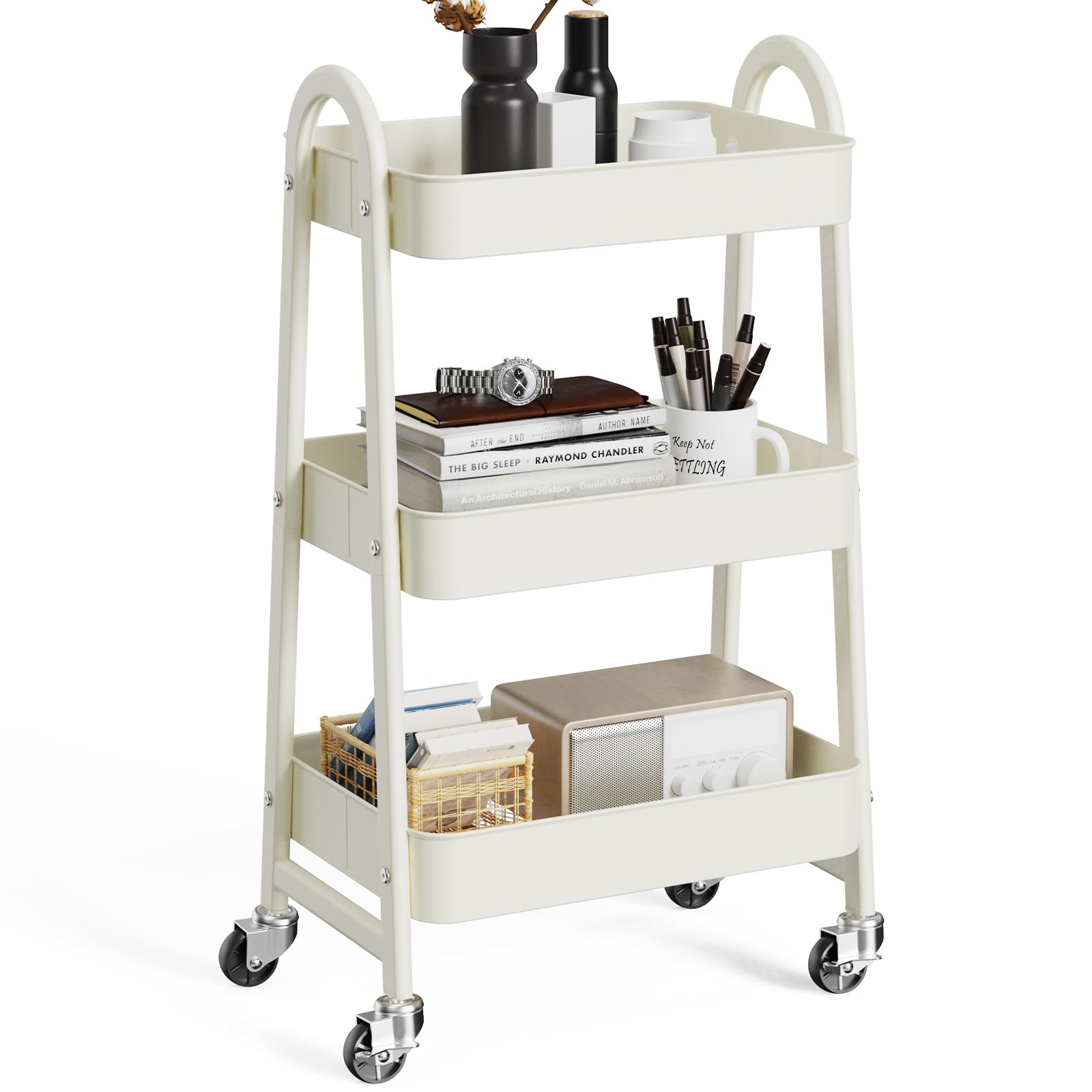 OLIXIS 3-Tier Metal Rolling Cart with Lockable Wheels - Mobile Storage Shelf Organizer for Kitchen, Bathroom, Living Room & Small Spaces - White - Perfect for Home Organization, Office Supplies & Closet Storage