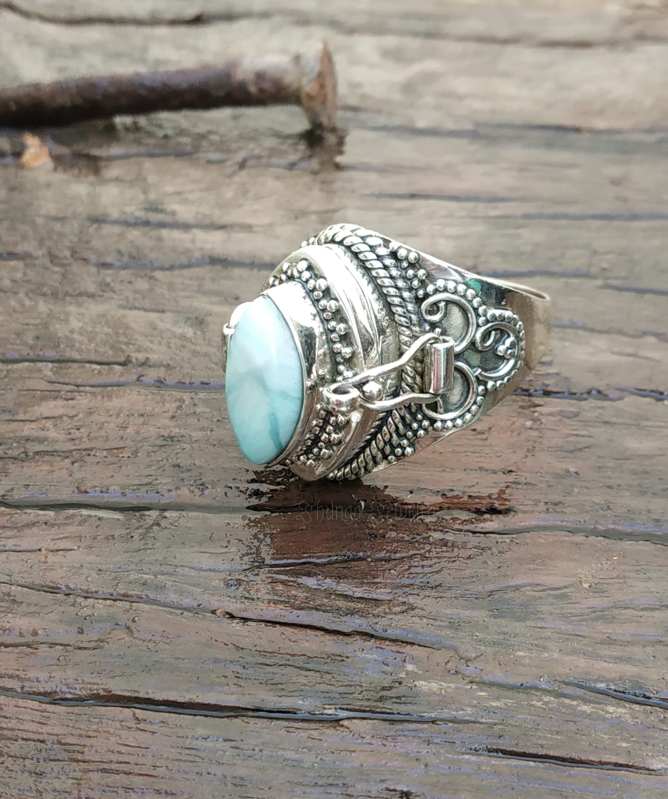 Dominican Republic Larimar Poison Ring - Sterling Silver Locket Ring with Secret Compartment | Magic Portal Jewelry, Bali Style Pill Box Ring | Perfect for Gifts, Witchy Aesthetic & Boho Fashion (Size 6)