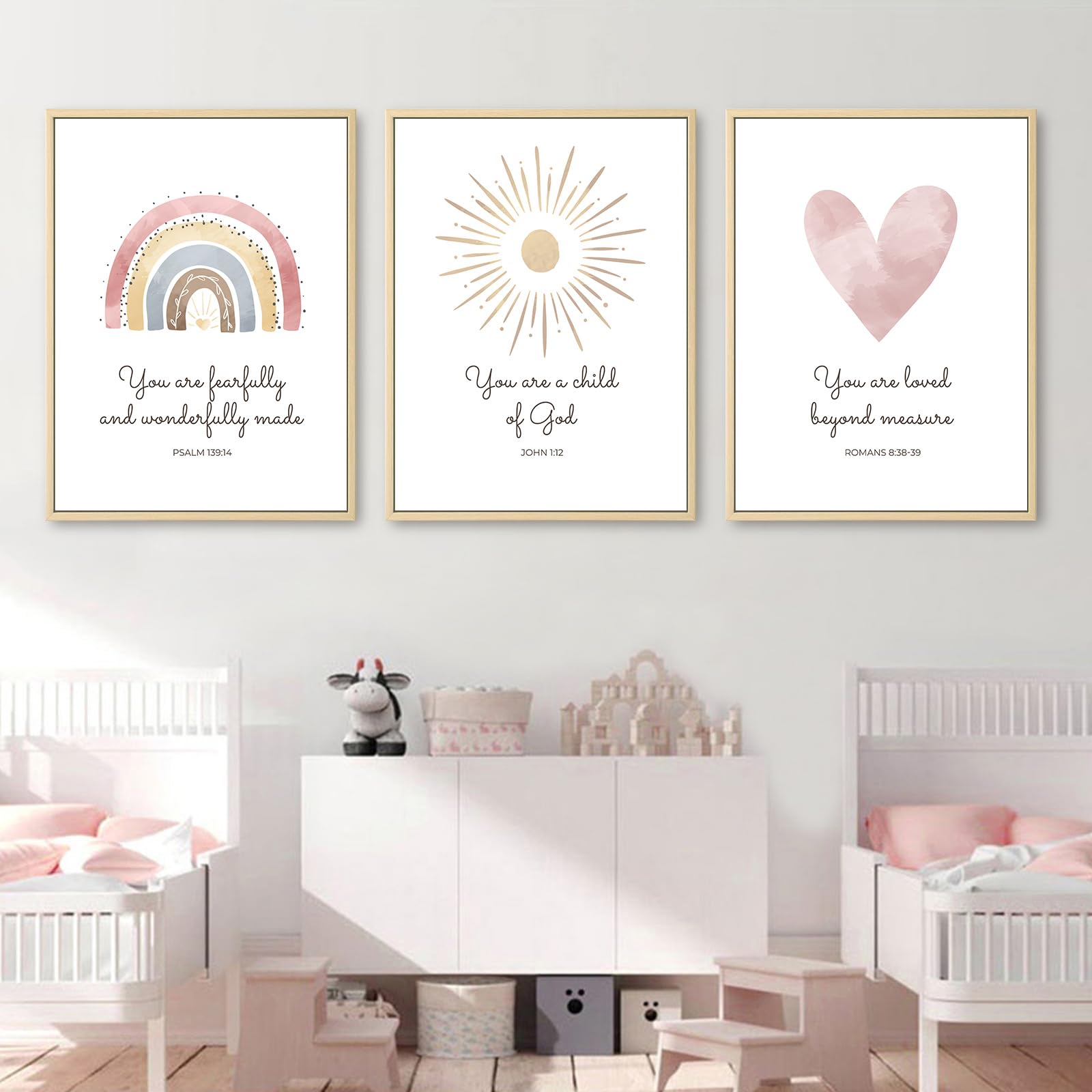 Boho Nursery Wall Art Set - 3 Piece Christian Bible Verse Prints for Girls, Heart Rainbow & Sun Decor, 12x16 Inch Framed - Perfect for Baby & Kids Room, Nursery, Bedroom, or Playroom Decor