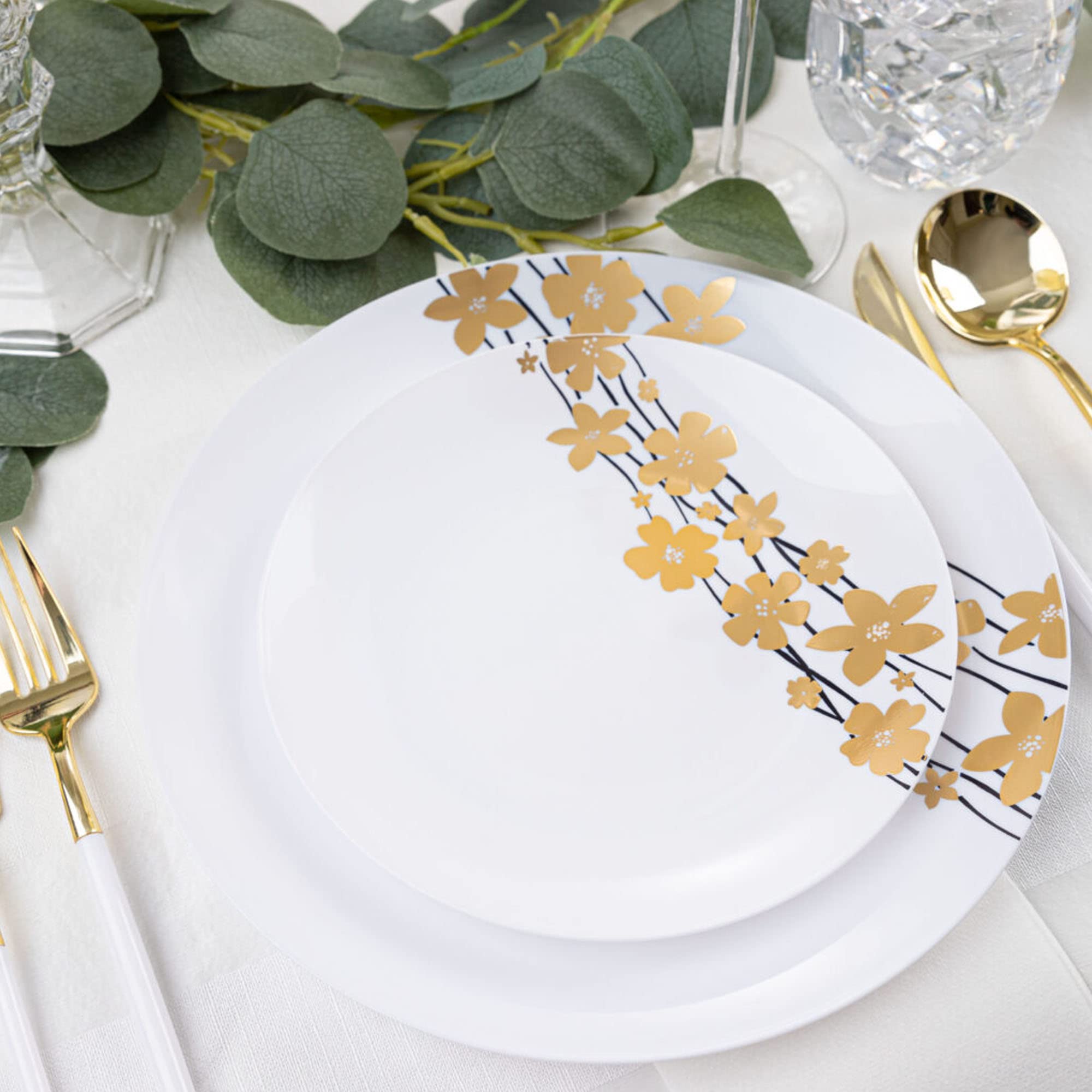 EcoQuality 7.5 Inch Round White Plastic Plates with Gold Vine Design - 70 Pack Disposable Elegant Dinner Plates for Weddings, Parties, Salads, Desserts & Special Occasions | Heavy Duty Serveware for Stylish Entertaining