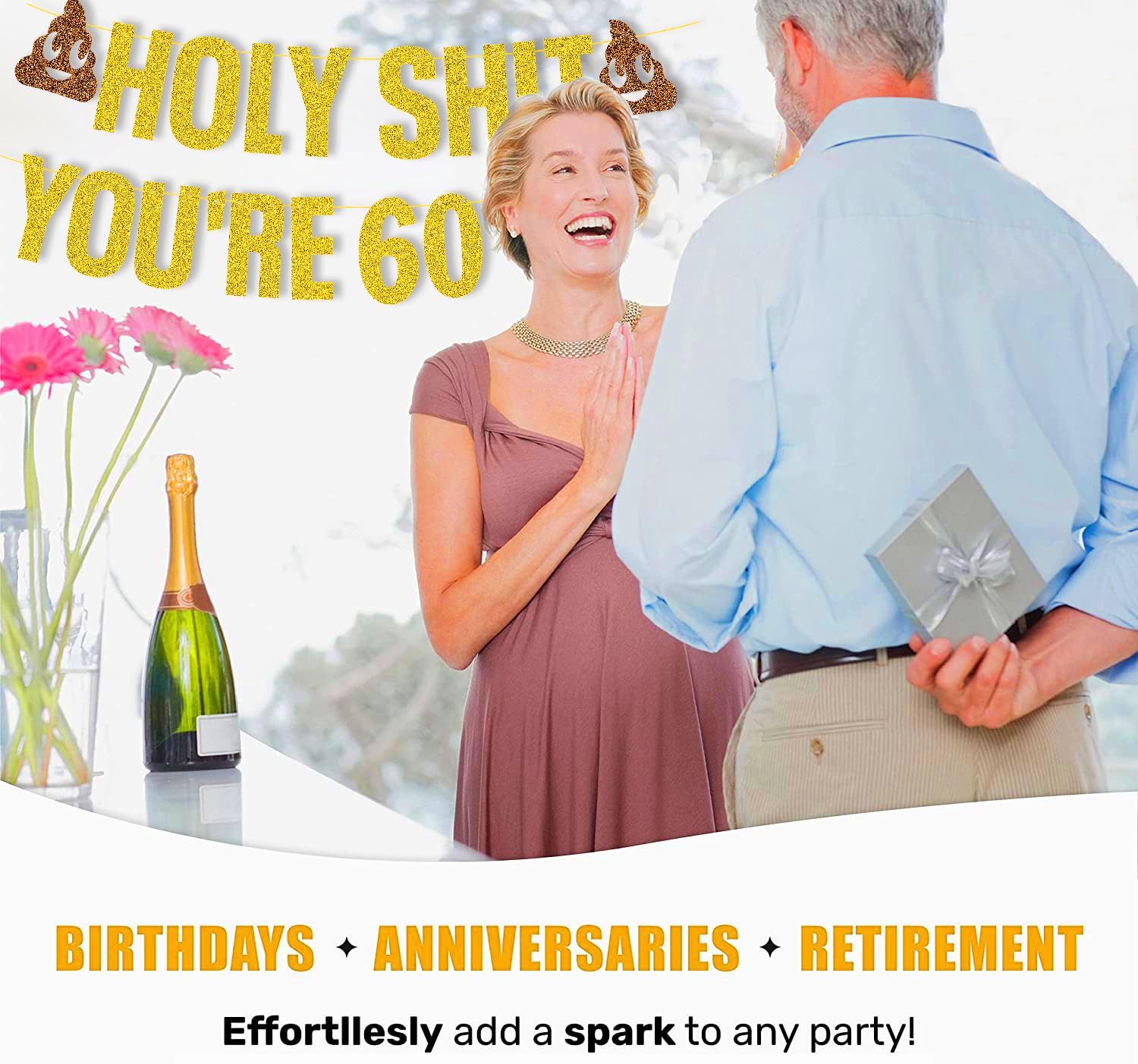 Funny 60th Birthday Party Decorations - Gold Glitter 'Holy Shit You're 60' Banner & Cheers to 60 Years Sign - Perfect for Milestone Birthday Celebrations, Retirement Parties & Surprise Decor