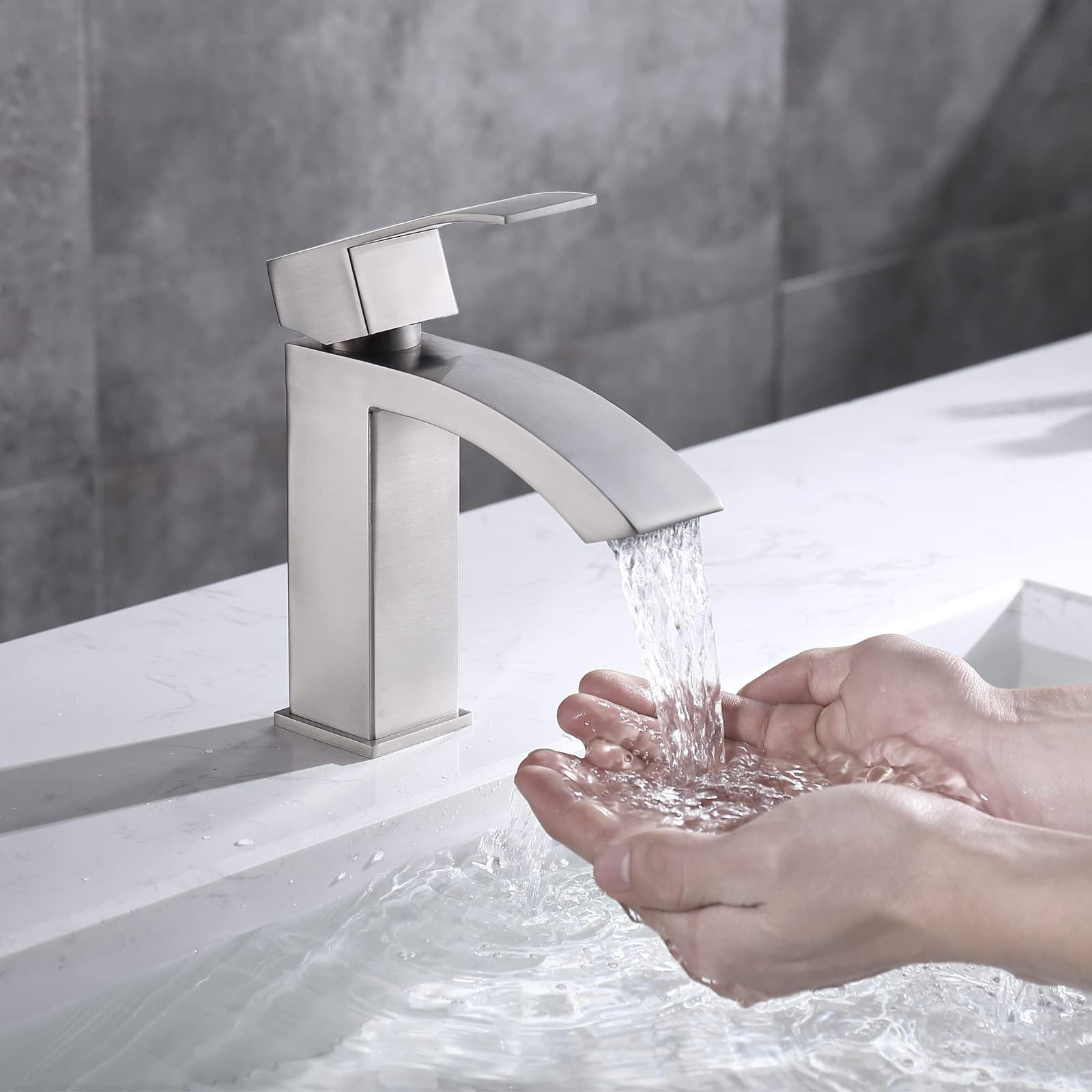 Modern Single Handle Waterfall Spout Bathroom Faucet - Brushed Nickel Stainless Steel Single Hole Sink Faucet for Vanity, Powder Room & Guest Bathroom