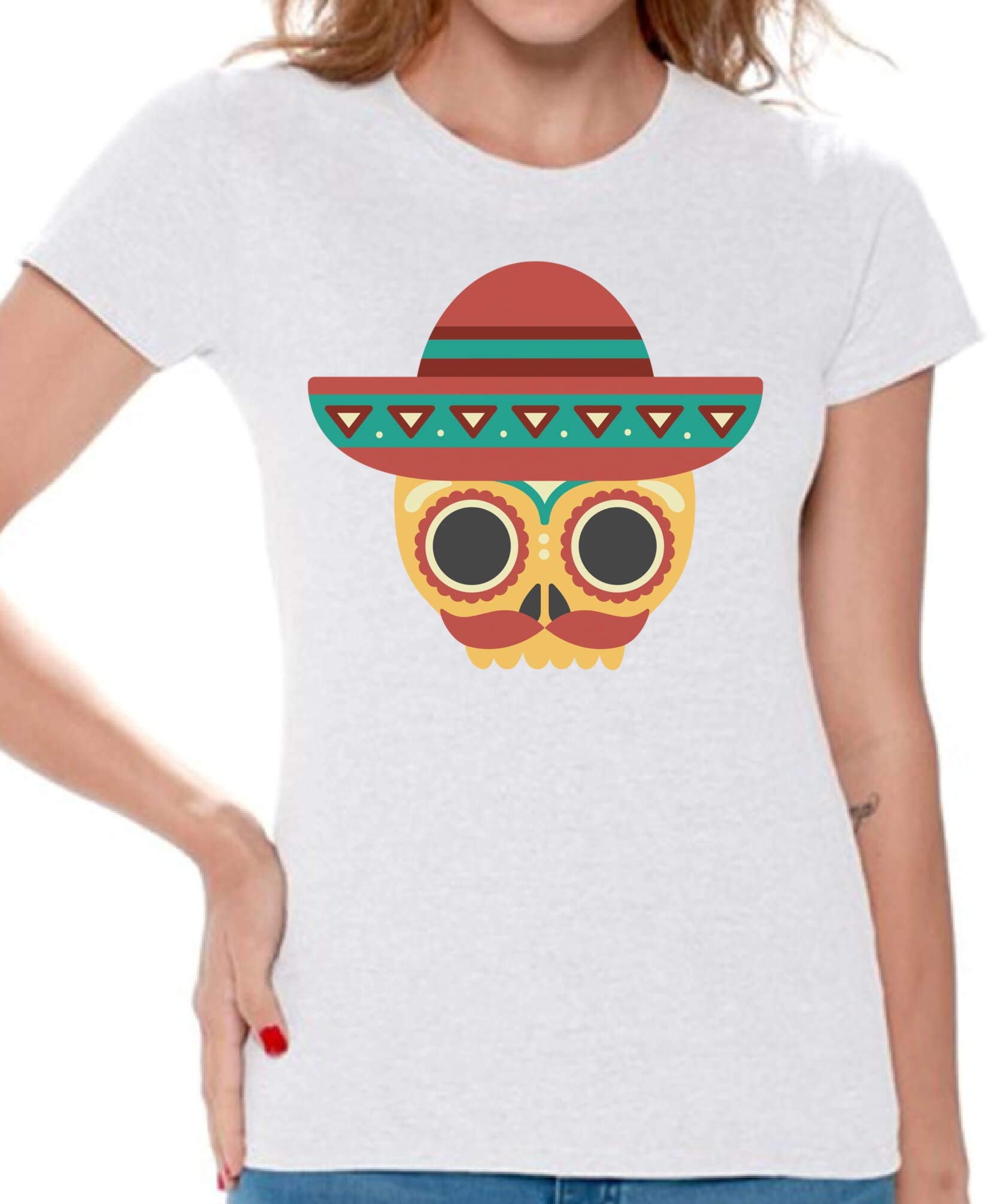 Skull T-Shirt with Sombrero Mask for Women | Gothic Graphic Tee | Halloween Costume & Festival Outfit