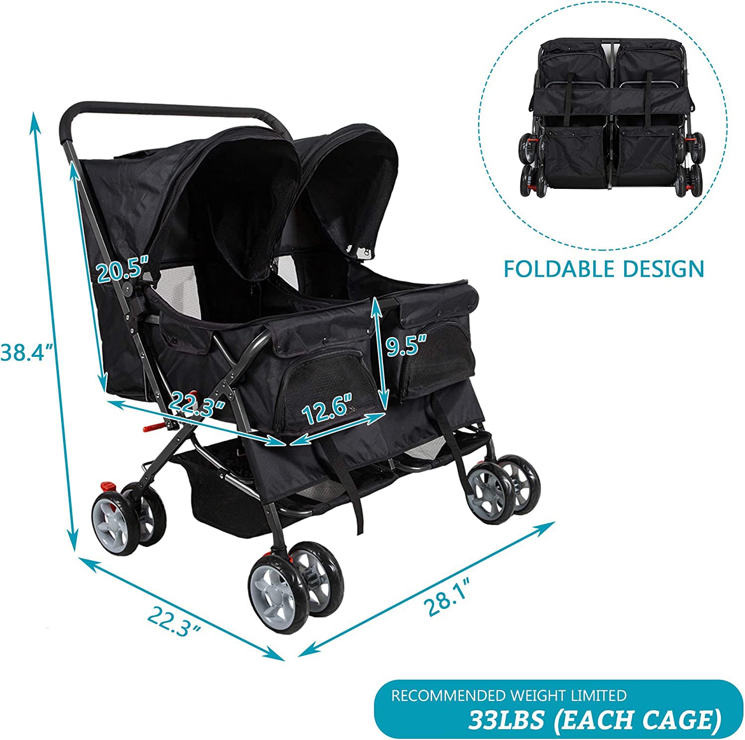Premium Folding Pet Stroller for Dogs & Cats - Lightweight Jogger with 360° Rotating Wheels | Ideal for Walking, Jogging, Vet Visits & Travel (Black)