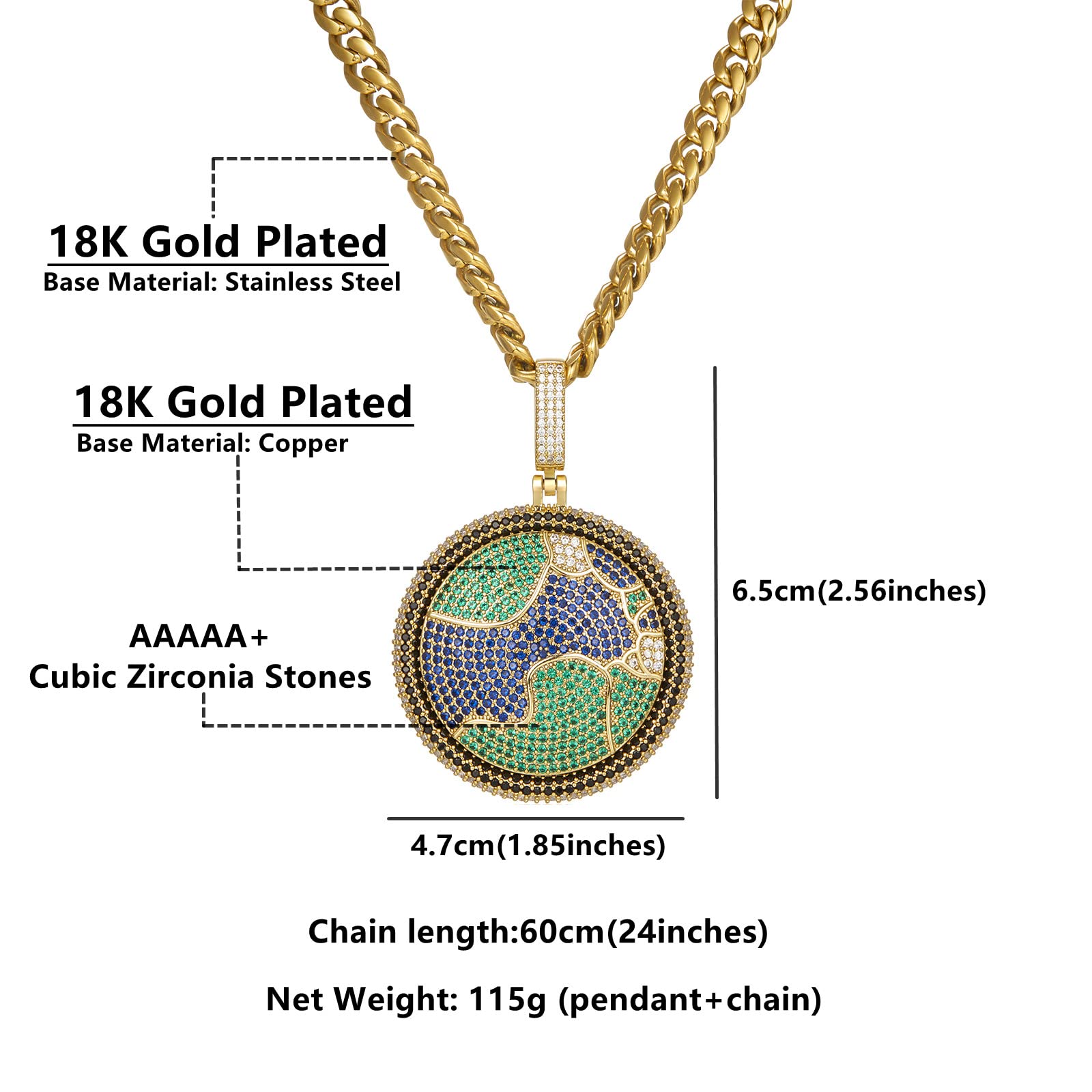 18K Gold Plated Iced Out Pendant Necklace for Men & Women - Personalized Earth Design with CZ Diamonds & 8mm 24