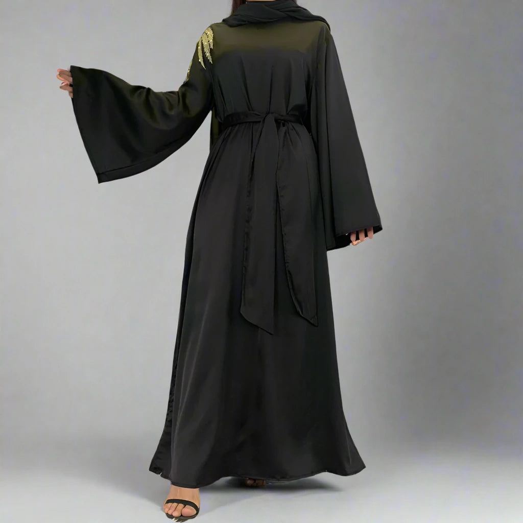 Elegant Muslim Women's Satin Abaya Dress with Embroidery - Perfect for Prayer, Eid, and Special Occasions