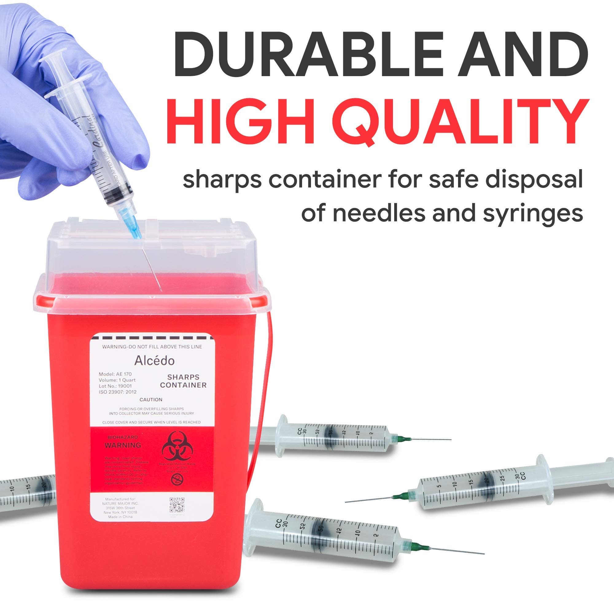 Alcedo 1 Quart (3-Pack) Sharps Container - Safe Biohazard Needle & Syringe Disposal for Home, Clinic & Travel | Portable Medical Waste Bin for Diabetics, Tattoo Artists & Healthcare Professionals | Ideal for Insulin Pens, Lancets & Medical Sharps Disposal