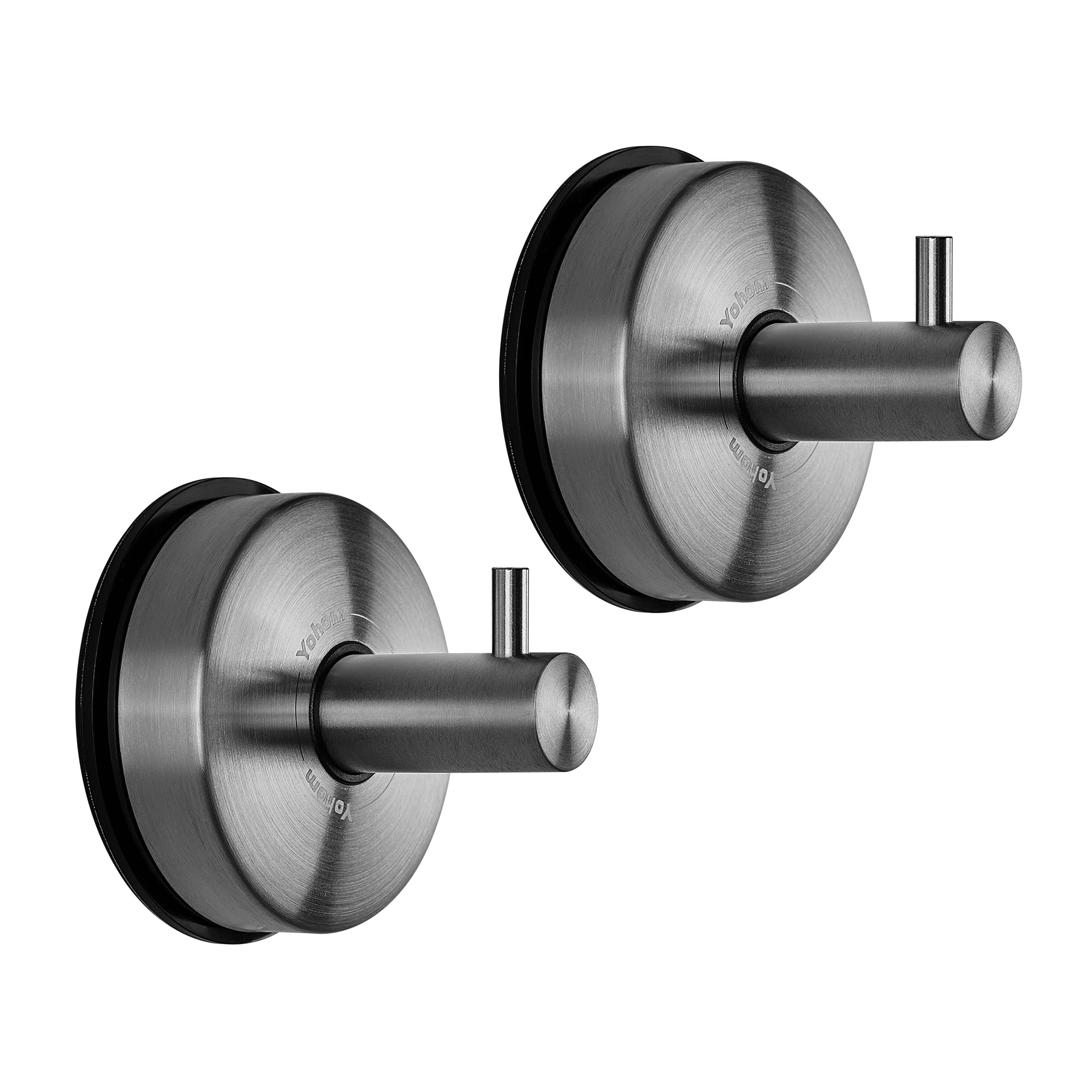 YOHOM Black Stainless Steel Suction Cup Hooks - 2 Pack Shower Towel Holder for Bathroom, Glass Door, Window & Wall - Perfect for Hanging Loofah, Washcloth & Towels (Brushed Finish)