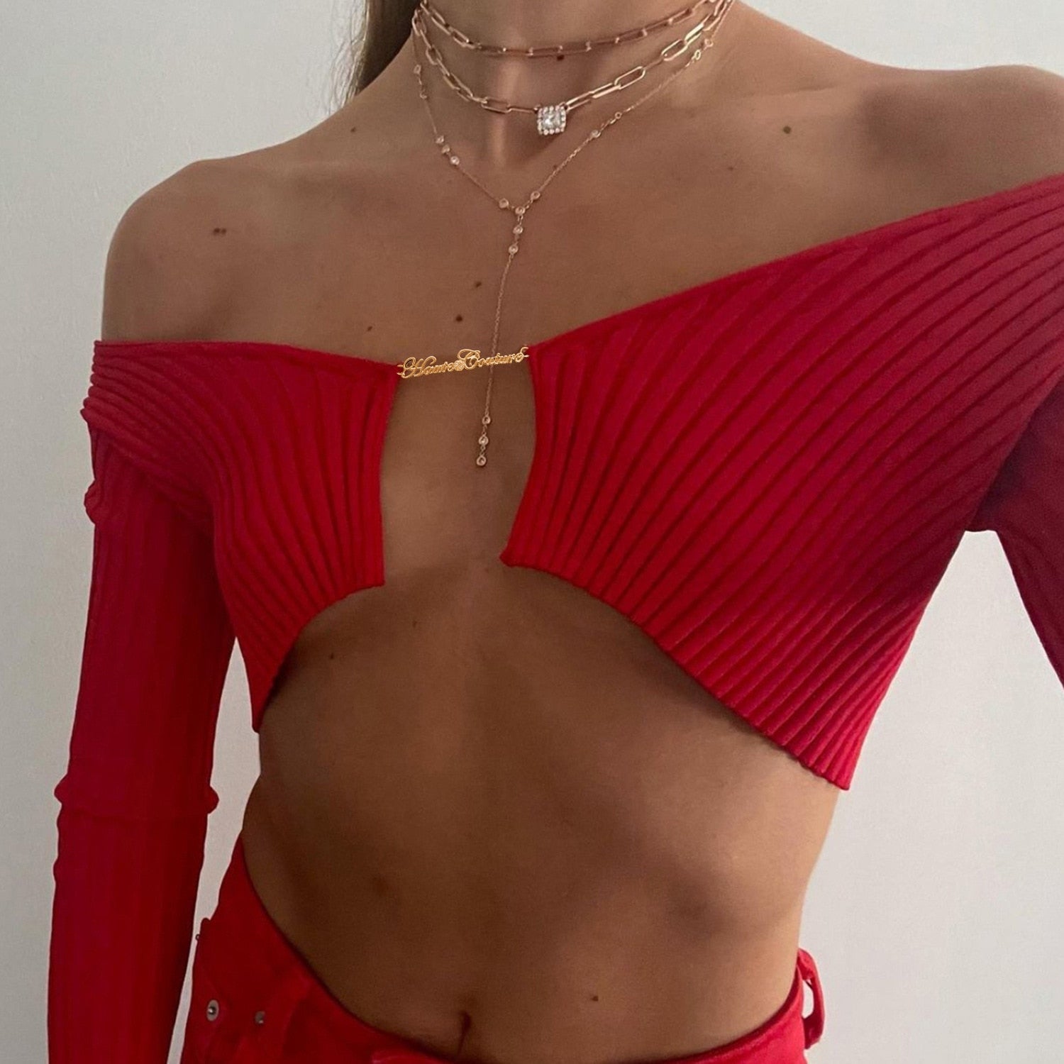 Y2K Women's Knitted Cropped Sweater - Long Sleeve V-Neck Chain Crop Top for Spring & Autumn (Green, Orange, Red, Black) | Club Party Outfit, Casual Streetwear, Fashion Layering
