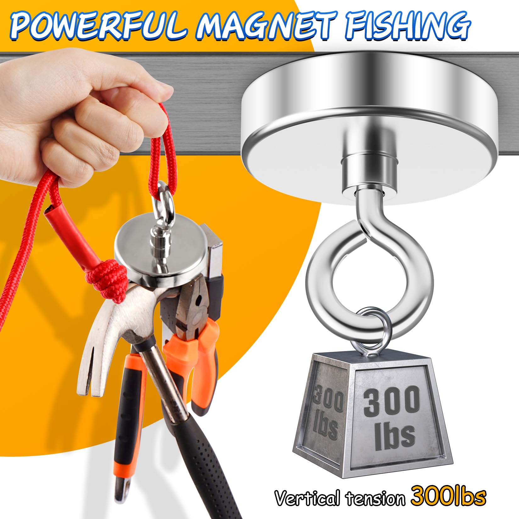 Grtard Super Strong Neodymium Fishing Magnet 300 lbs (136 KG) Pulling Force - Rare Earth Magnet with Countersunk Hole Eyebolt - 1.97 inch (50mm) Diameter for River Treasure Hunting, Magnetic Fishing & Metal Retrieval - Perfect for Underwater Search, Salvage Operations & DIY Projects