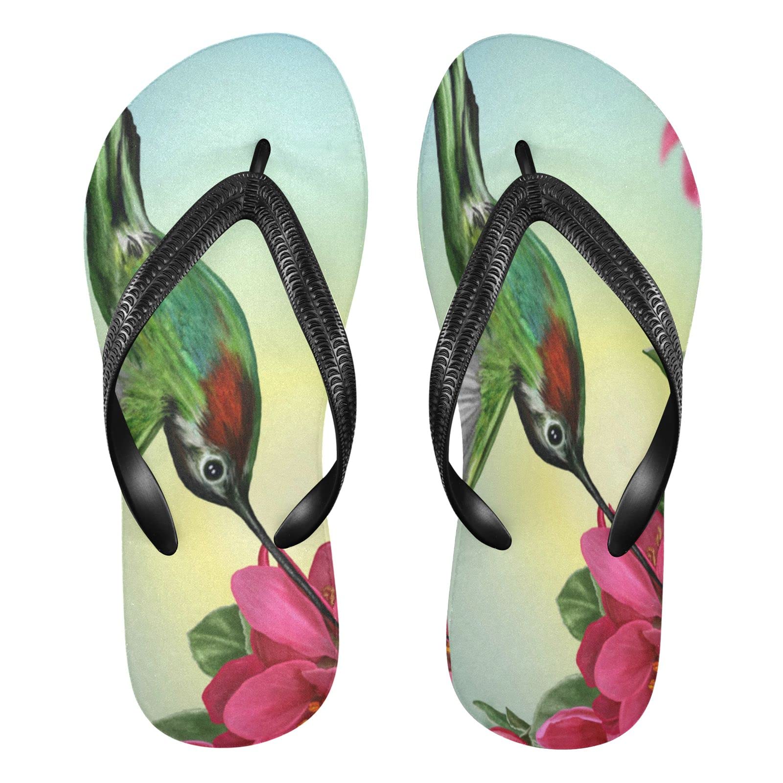 **Men's & Women's Kigai Sandal Flip Flops - Comfortable Beach Slippers & Shower Shoes with Green Hummingbird Flower Design - Perfect for Beach, Pool, and Vacation Wear**