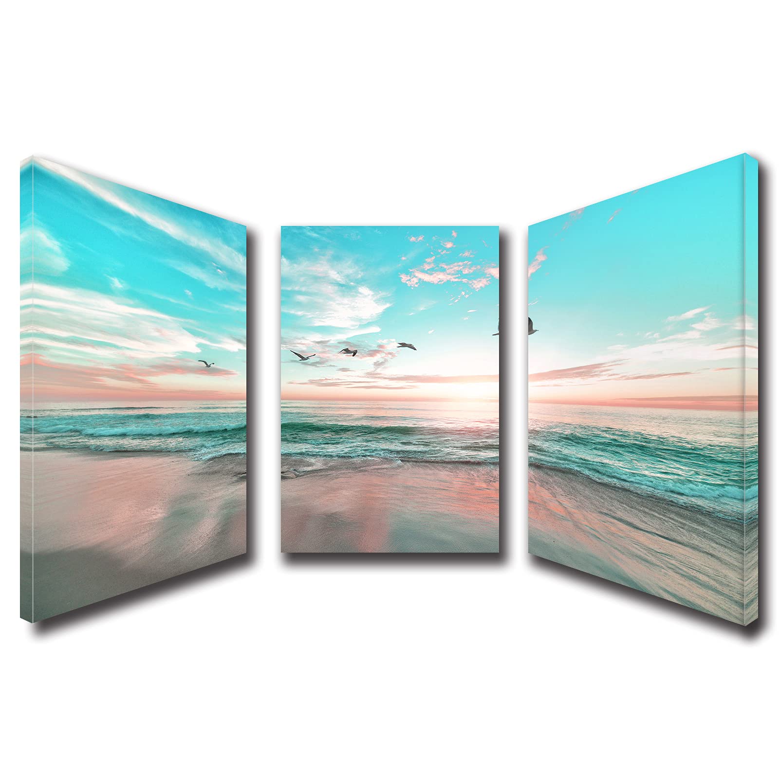 EPHANY Ocean Beach Sunset Wall Art - Abstract Blue Sea Landscape Canvas Painting Set of 3 (16x24 inches) for Living Room, Bedroom & Office Decor