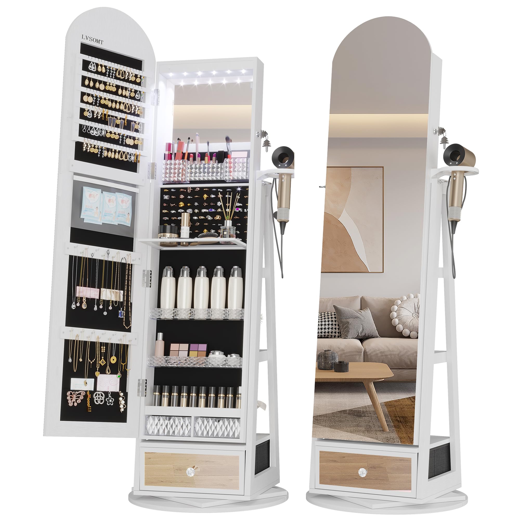 360° Swivel Arched Jewelry Mirror Cabinet with LED Lights - 64