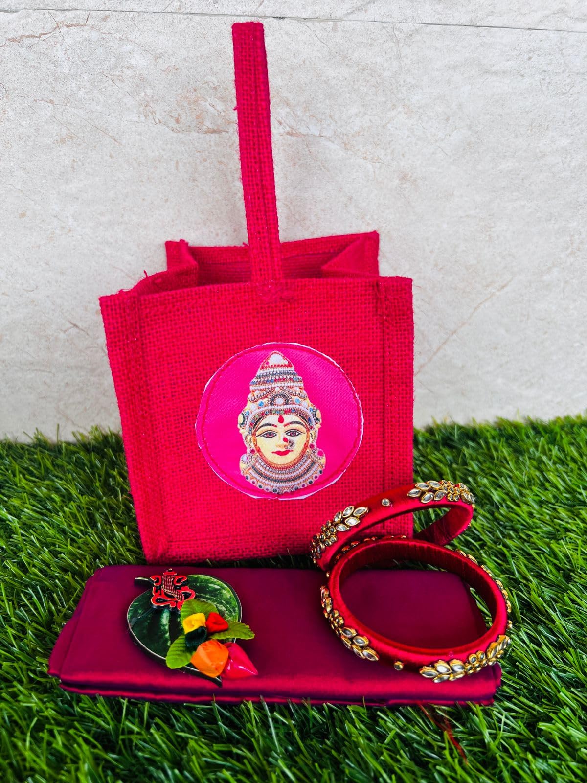 Eco-Friendly ARC Jute Bags with Varalakshmi Print - 5-Piece Set Includes Thread Bangles, Blouse Fabric & Betel Leaf Haldi Kumkum - Perfect for Hindu Pooja Return Gifts, Wedding Favors & Festival Giveaways | Sustainable Jute Thamboolam Bags for Religious Ceremonies & Cultural Events